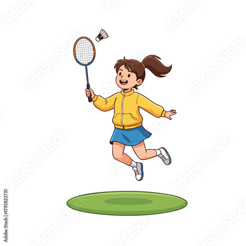 Young girl playing badminton sport action jump