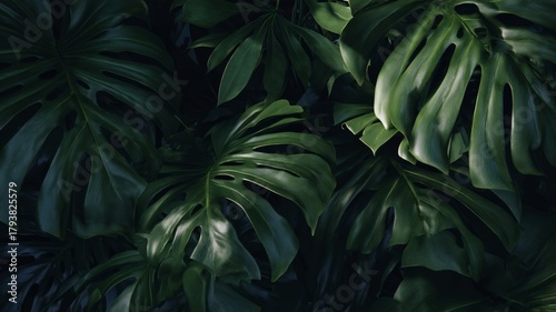 Lush monstera leaves in deep green tones. AI generated