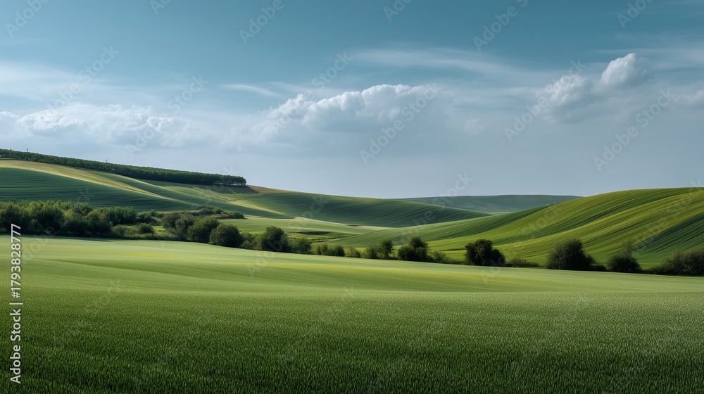 Obraz premium Rolling Hills under Blue Sky: Serene landscape of verdant hills stretches towards a tranquil horizon, the clear blue sky offering a sense of peace and natural beauty.