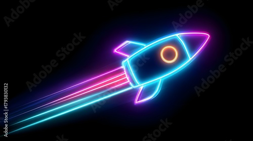 Fototapeta Naklejka Na Ścianę i Meble -  Glowing neon style spacecraft ascends rapidly against a dark background leaving bright light trails
