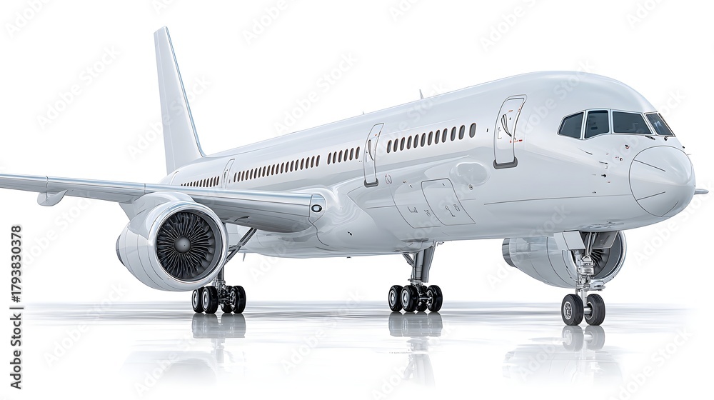 Obraz premium Modern passenger jet airplane depicted from a low frontal angle on a bright surface