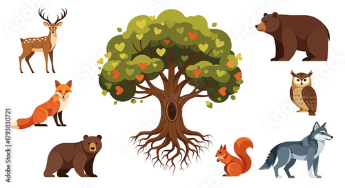 A collection of cute cartoon forest animals like a deer, bear, fox, wolf, and owl surrounding a large green tree.