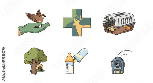 Collection of animal care icons: bird feeding, vet cross, pet carrier, tree, bottle, and pet tracker.