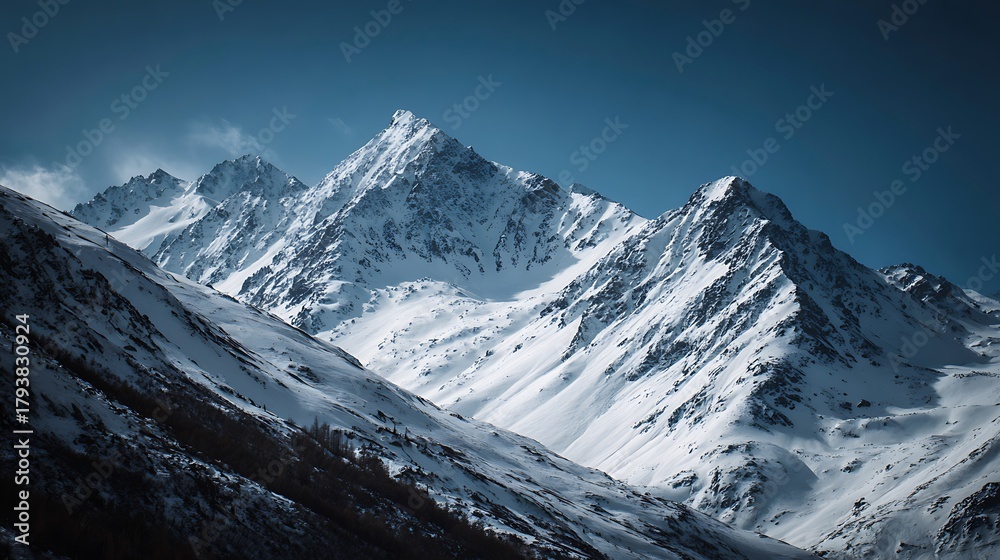 Obraz premium SnowCapped Mountain Peaks Under a Clear Blue Sky Landscape