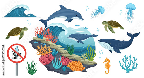 Collection of marine life illustrations with coral reef, ocean waves, and a sign protesting plastic pollution.