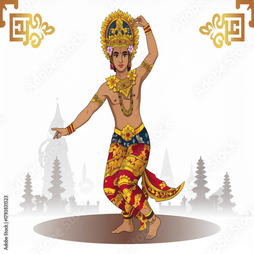 Vibrant male performer in elaborate traditional costume, gracefully presenting a captivating cultural dance, reflecting ancient heritage and ceremonial artistic traditions