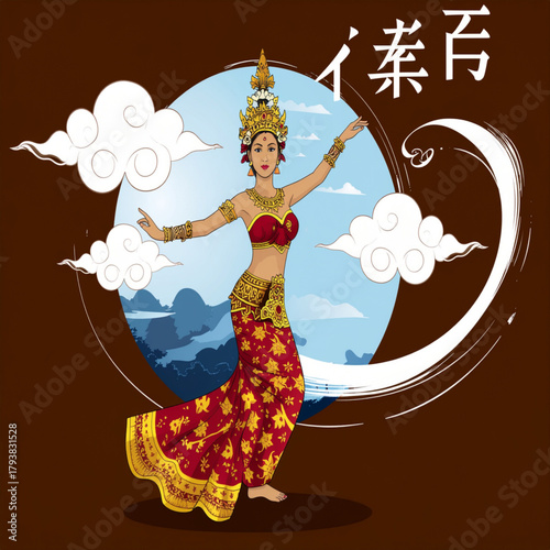 Vector illustration of a beautiful Thai woman in traditional costume performing a classical dance, a vibrant celebration of Asian cultural heritage and art