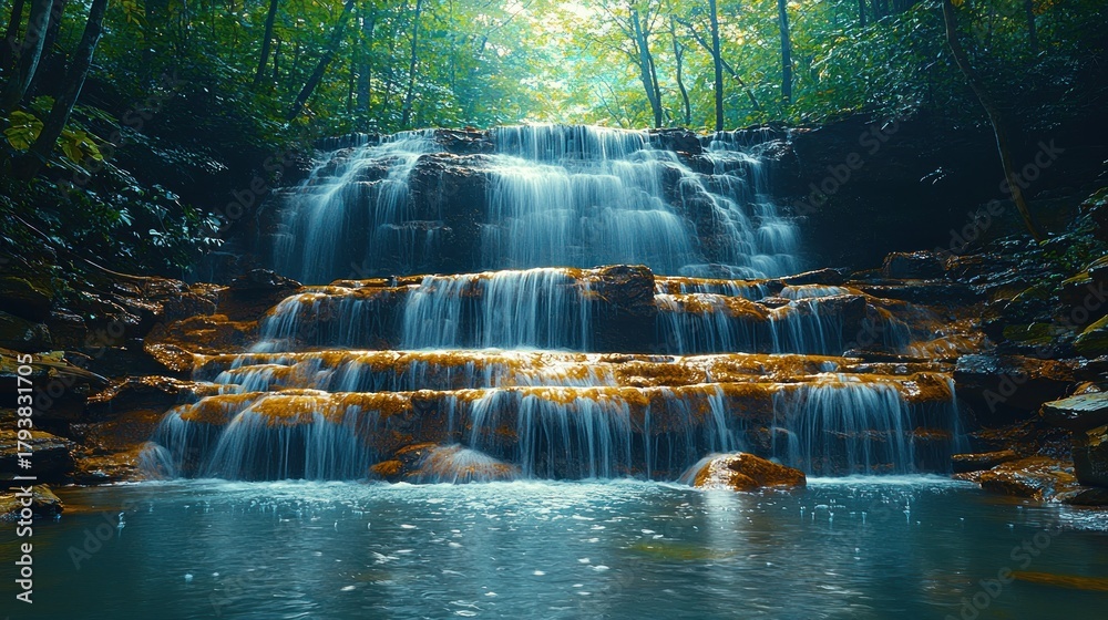 Fototapeta premium Serene multi-tiered waterfall cascading through lush green forest.