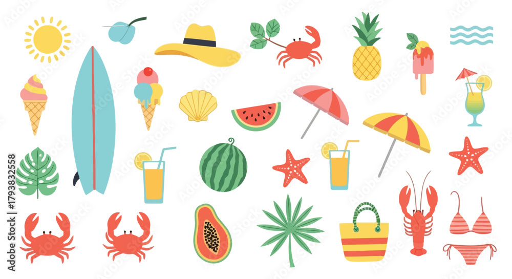 Naklejka premium Colorful summer vacation icons with beach, sun, and tropical elements for travel and holiday themes