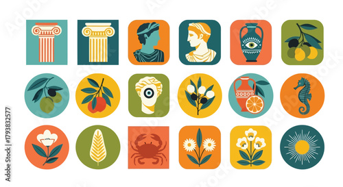 Collection of colorful ancient greek and mediterranean icons including architecture, food, and sea elements