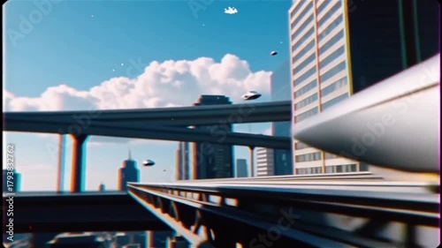 Futuristic City Skyline Elevated Monorail System Flying Cars High-rise Buildings Transportation Infrastructure Urban Landscape Abstract Digital Art Technology Concept