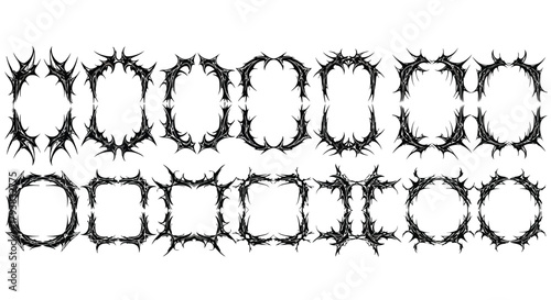 Collection of intricate black barbed wire frames and abstract spiked circular designs
