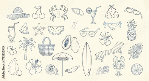 Handdrawn summer and beach icons including crab, sunglasses, pineapple, and surfboard