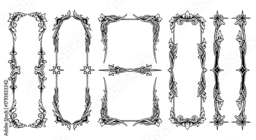 Elegant set of five ornate black and white frames with intricate floral and vine designs