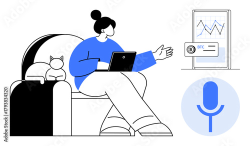 Woman working on laptop beside cat, analyzing Bitcoin data with chart on screen, interacting with voice assistant. Ideal for remote work, cryptocurrency, finance, technology, home comfort, AI