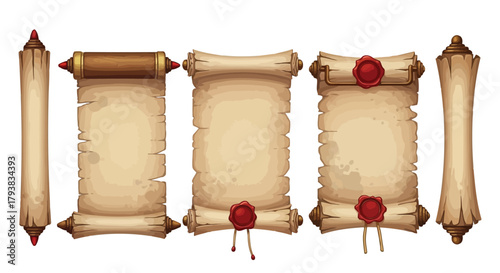 Collection of vintage scrolls with wax seals and aged parchment