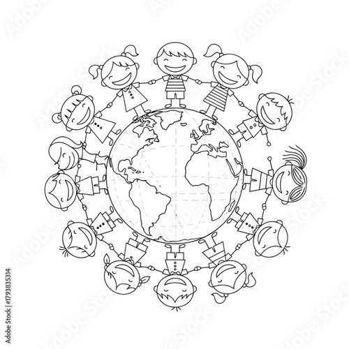 Diverse group of children holding hands around globe illustration, symbolizing unity and global friendship