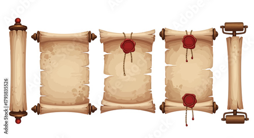 Collection of antique scrolls with wax seals and parchment rolls in various styles