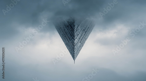 Colossal Inverted Tower Structure Built Upside Down Against Cloudy Sky in Unique Perspective with Dramatic Lighting and Surreal Atmosphere