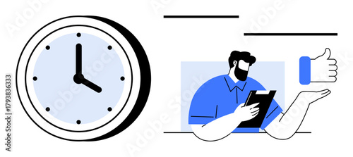 Man holding a clipboard beside a clock and thumbs-up gesture, symbolizing productivity, time management, efficiency, planning, organization, decision-making, and approval. Simple flat metaphor