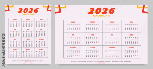 2026 new year monthly calendar layout template design, planner, wall calendar for 2026 year
