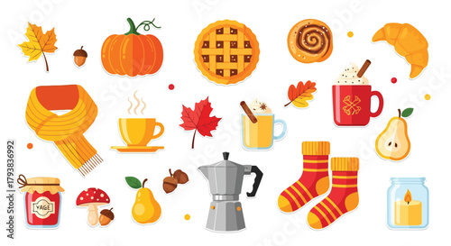 Colorful autumnthemed collection with pumpkins, leaves, coffee, and cozy items