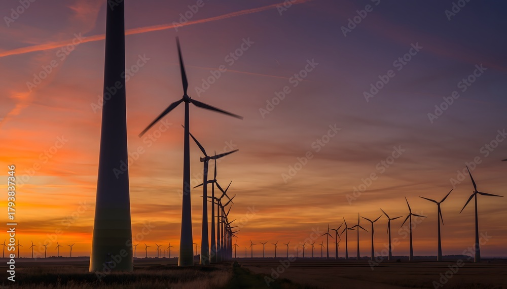 Obraz premium Wind Farm at Sunset with Vibrant Sky, Capturing Calm Cinematic Atmosphere and Sustainable Energy Landscape