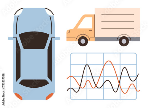Blue car, orange truck, data chart with multiple line graphs. Ideal for logistics, transportation, delivery, fleet management, vehicle monitoring analytics traffic. Simple flat metaphor