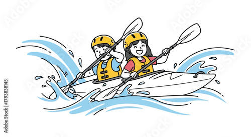 Two children kayaking together in rough waters with paddles and life jackets