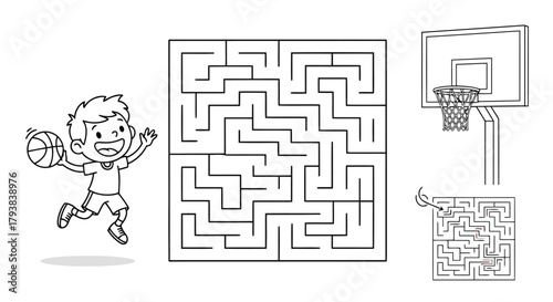 Happy cartoon boy with basketball next to maze puzzles and basketball hoop, black and white line art