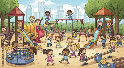 Lively playground scene with children playing on swings, slides, and jungle gym in a park