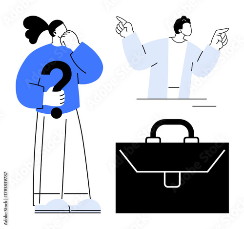 Individual holding question mark, professional pointing in decision, and briefcase representing career, problem-solving, uncertainty, business planning, brainstorming, decision-making