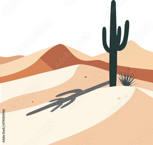 Minimal Desert Landscape Featuring Geometric Sand Dunes and a Lone Cactus Shadow, Highlighting Abstract Nature and Modern Design