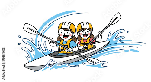 Two children kayaking together on a river with paddles and life jackets in cartoon style