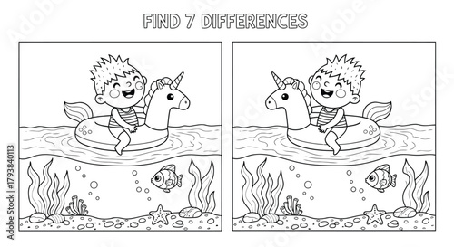 Find 7 differences puzzle with boy riding unicorn in underwater scene