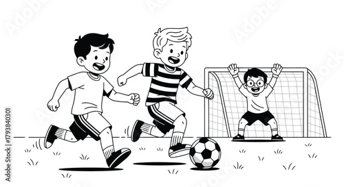 Three children playing soccer on a grassy field with a goalpost in the background