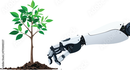 Futuristic Robot Hand Planting a Living Tree, Symbolizing Sustainable Technology, Eco Innovation, and Environmental Responsibility
