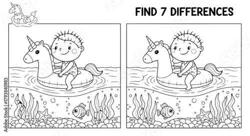 Find the seven differences puzzle with unicorn and boy riding in ocean scene