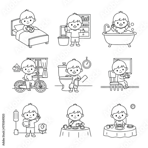 Set of nine black and white line art illustrations of child doing daily activities