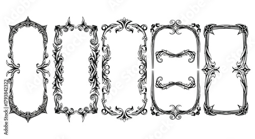 Five ornate black and white picture frames with intricate victorian designs