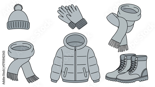 Hand-drawn vector set of winter clothing and accessories, including jackets, scarves, gloves, boots, and hats. Perfect for cold weather illustrations, seasonal fashion, and outdoor activity graphics