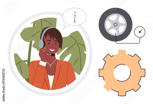 Smiling support agent with headset answering queries, surrounded by gear and wheel icons. Ideal for customer service, tech support, repair service, teamwork, assistance, communication, simple flat
