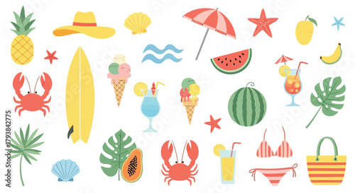 Colorful summer vacation icons set with beach, tropical fruits, and travel accessories