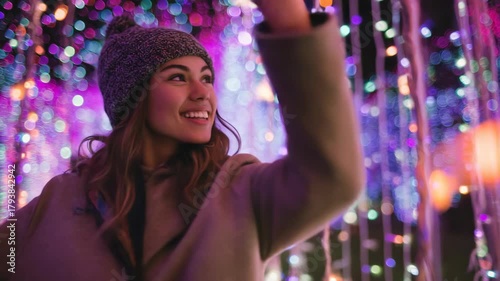 Young woman wearing beanie dancing joyfully under colorful lights