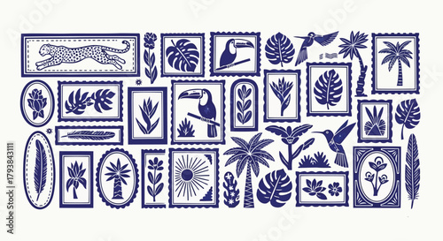 Vintage blue stamp collection with tropical and botanical themes