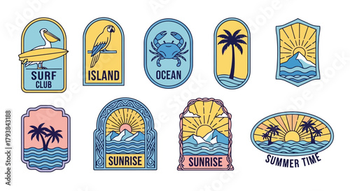 Collection of colorful retro travel and beachthemed badges with surf, sunrise, and ocean icons