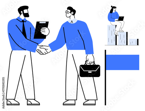 Two professionals shake hands in agreement, while another works on a laptop atop bar graphs. Ideal for partnership, collaboration, teamwork, productivity, business growth, success, and strategy