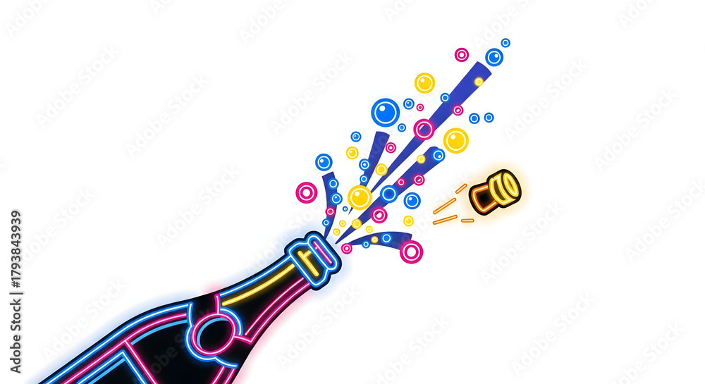 Fototapeta premium Neon-style illustration of a champagne bottle popping its cork, with colorful bubbles and celebratory energy against a white background.