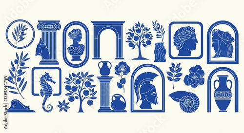 Collection of ancient greek and roman architectural and cultural icons in blue and white