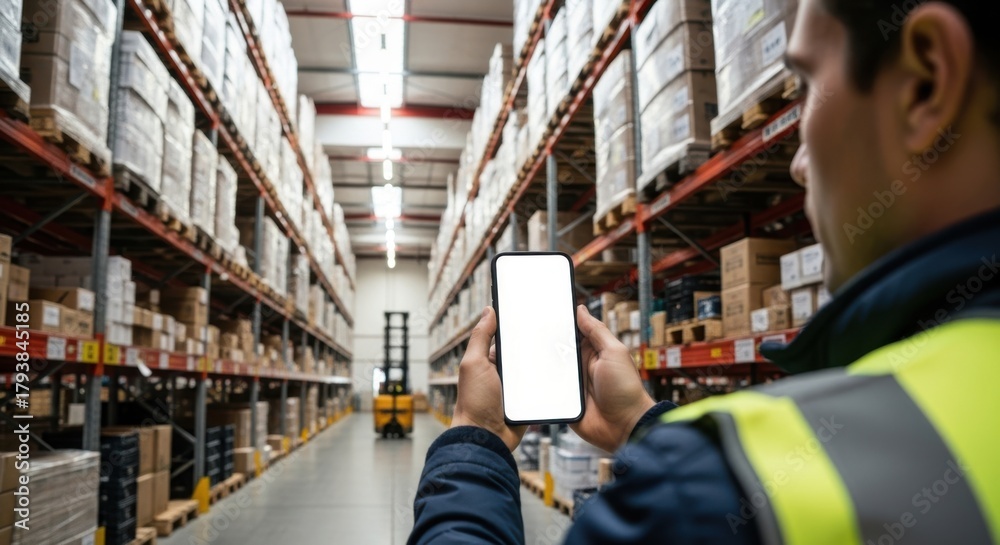 Obraz premium Warehouse Worker Scanning: Worker in Safety Vest Holding a Smartphone with Blank White Screen Down a Warehouse Aisle for Logistics and Inventory Check